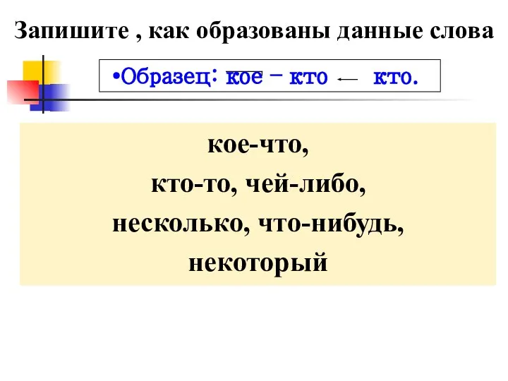 Запишите , как образованы данные слова Образец: кое – кто кто. кое-что,