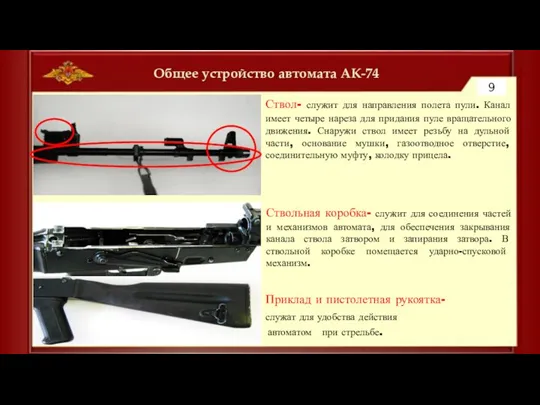 Общее устройство автомата АК-74 9 Ствол- служит для направления полета пули. Канал