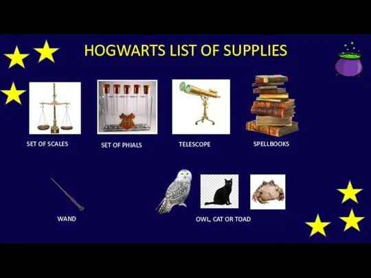 HOGWARTS LIST OF SUPPLIES WAND OWL, CAT OR TOAD SPELLBOOKS SET OF