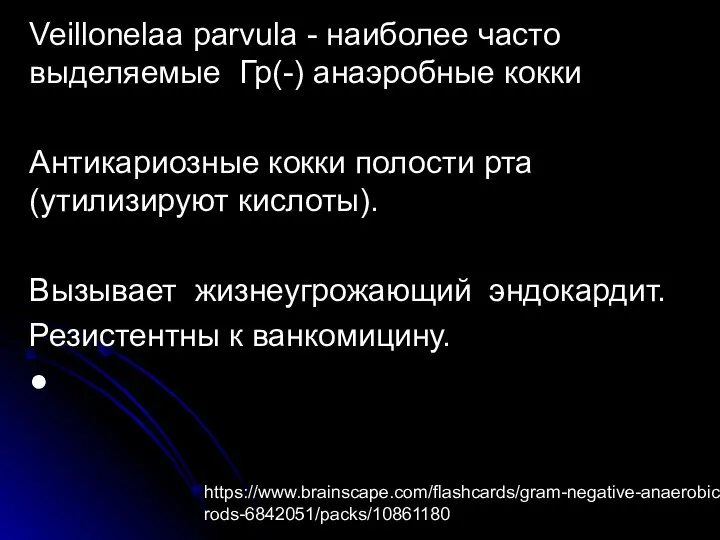 Veillonelaa parvula - наиболее часто выделяемые Гр(-) анаэробные кокки Антикариозные кокки полости