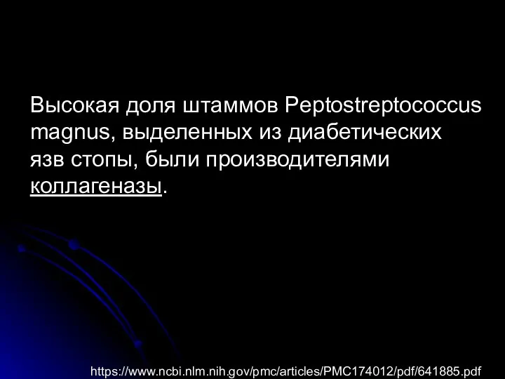 Высокая доля штаммов Рeptostreptococcus magnus, выделенных из диабетических язв стопы, были производителями коллагеназы. https://www.ncbi.nlm.nih.gov/pmc/articles/PMC174012/pdf/641885.pdf