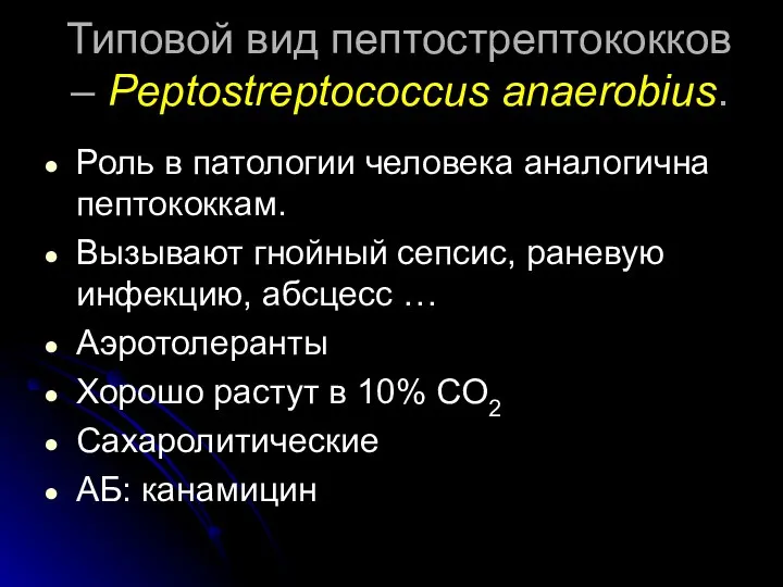 Типовой вид пептострептококков – Peptostreptococcus anaerobius. Роль в патологии человека аналогична пептококкам.