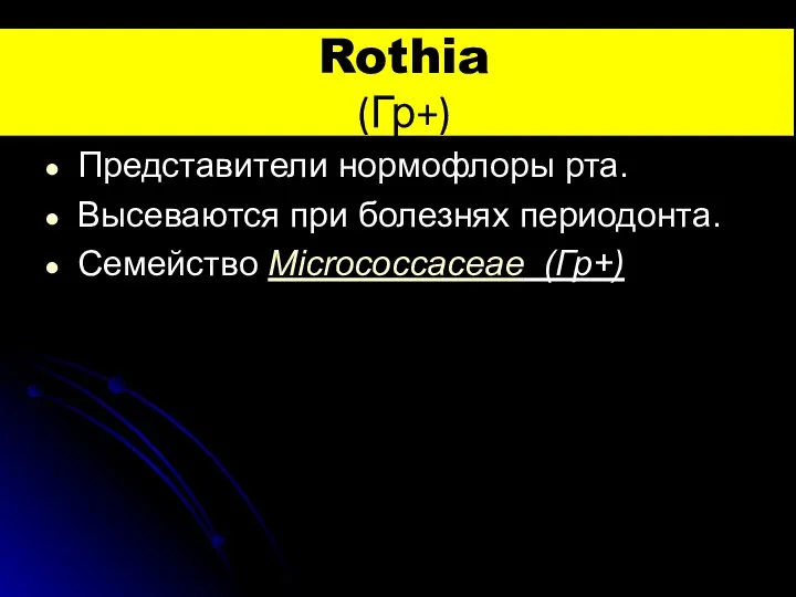 Rothia (Гр+) Представители нормофлоры рта. Высеваются при болезнях периодонта. Семейство Micrococcaceae (Гр+)