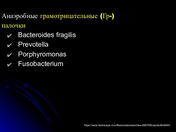 Анаэробные грамотрицательные (Гр-) палочки Bacteroides fragilis Prevotella Porphyromonas Fusobacterium https://www.brainscape.com/flashcards/anaerobes-2887609/packs/4646803