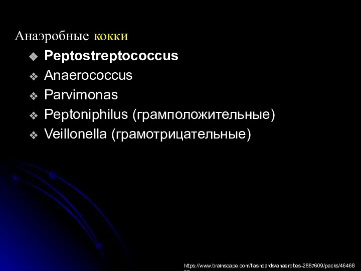 Анаэробные кокки Peptostreptococcus Anaerococcus Parvimonas Peptoniphilus (грамположительные) Veillonella (грамотрицательные) https://www.brainscape.com/flashcards/anaerobes-2887609/packs/4646803