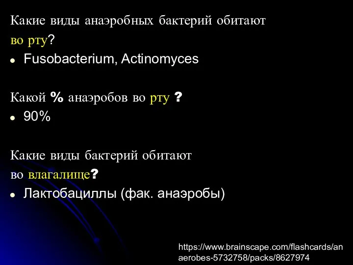 Какие виды анаэробных бактерий обитают во рту? Fusobacterium, Actinomyces Какой % анаэробов