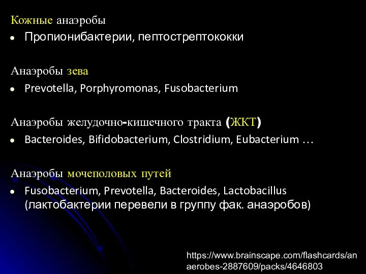 Кожные анаэробы Пропионибактерии, пептострептококки Анаэробы зева Prevotella, Porphyromonas, Fusobacterium Анаэробы желудочно-кишечного тракта