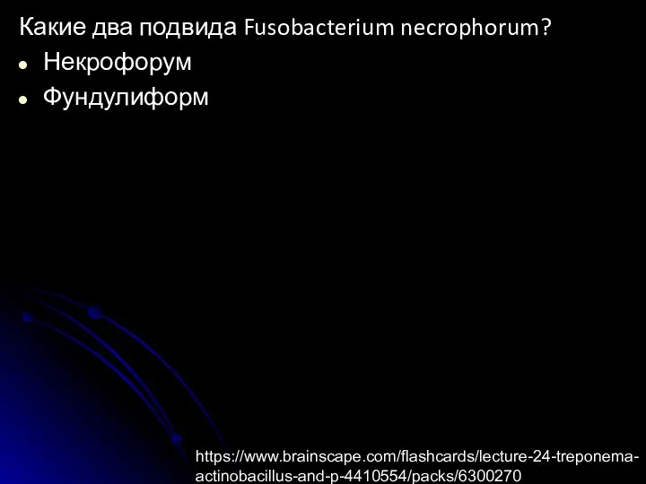 Какие два подвида Fusobacterium necrophorum? Некрофорум Фундулиформ https://www.brainscape.com/flashcards/lecture-24-treponema-actinobacillus-and-p-4410554/packs/6300270