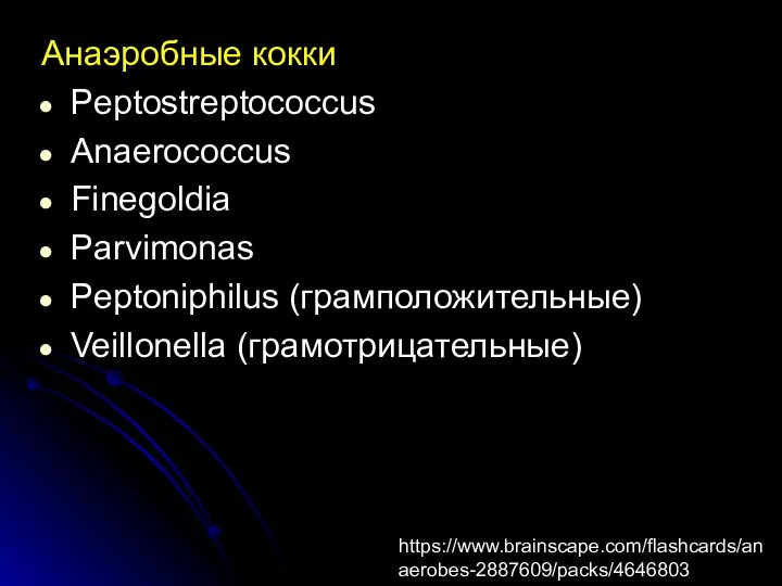 Анаэробные кокки Peptostreptococcus Anaerococcus Finegoldia Parvimonas Peptoniphilus (грамположительные) Veillonella (грамотрицательные) https://www.brainscape.com/flashcards/anaerobes-2887609/packs/4646803