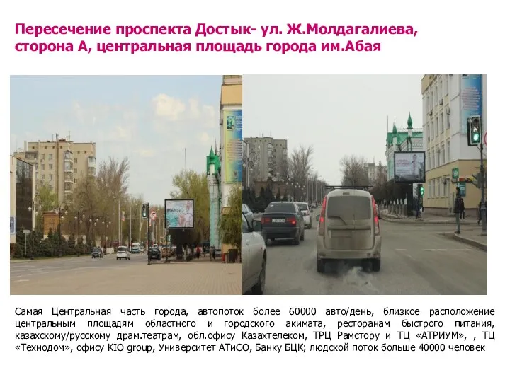 Пересечение проспекта Достык- ул. Ж.Молдагалиева, сторона А, центральная площадь города им.Абая Самая