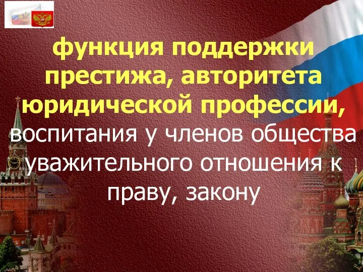 функция поддержки престижа, авторитета юридической профессии, воспитания у членов общества уважительного отношения к праву, закону