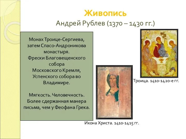 Живопись Андрей Рублев (1370 – 1430 гг.) Троица. 1410-1420-е гг. Икона Христа.