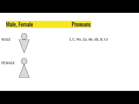 Male, Female Pronouns MALE I, U, We, Za, He, Sh, It, Ur FEMALE