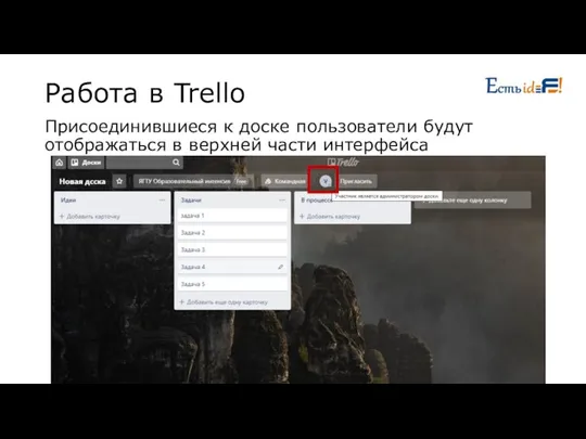 Работа в Trello Присоединившиеся к доске пользователи будут отображаться в верхней части интерфейса