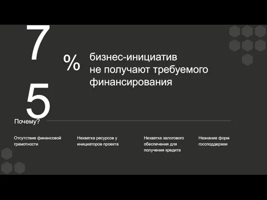 бизнес-инициатив не получают требуемого финансирования Отсутствие финансовой грамотности 75 % Нехватка ресурсов