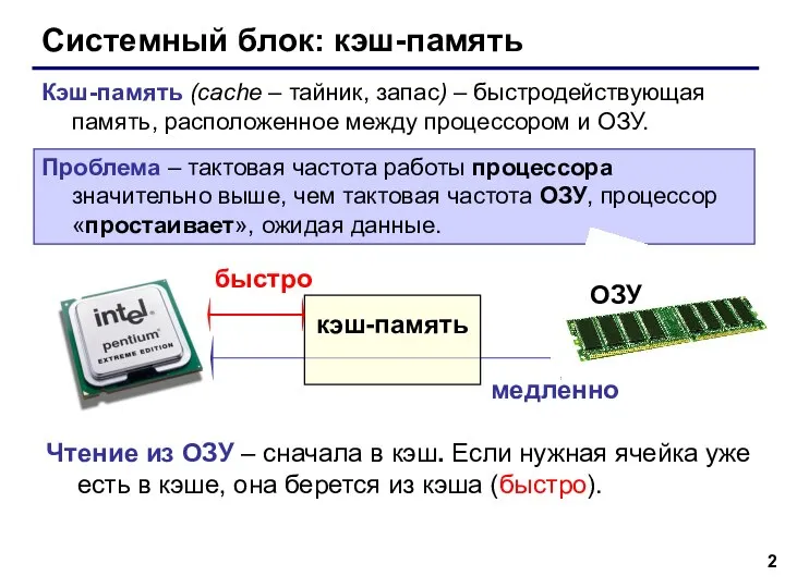 Системный блок: кэш-память Кэш-память (cache – тайник, запас) – быстродействующая память, расположенное