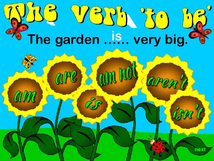aren't am are is isn't The garden …… very big. is am not next