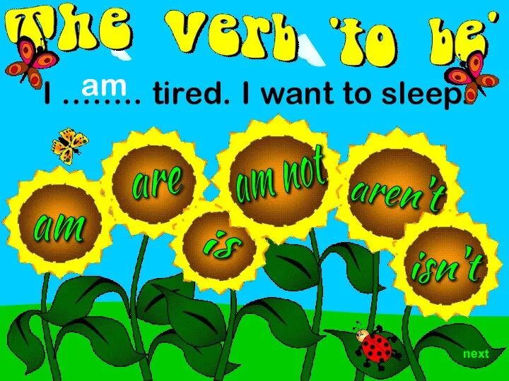aren't am are is isn't I …….. tired. I want to sleep. am am not next