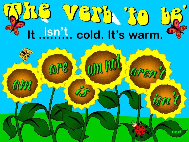 aren't am are is isn't It ……… cold. It’s warm. isn’t am not next
