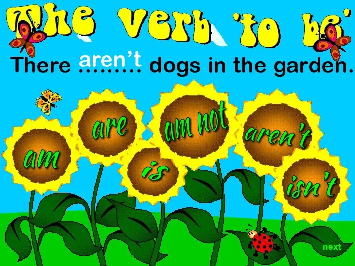 aren't am are is isn't There ……… dogs in the garden. aren’t am not next