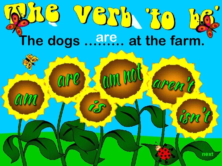 aren't am are is isn't The dogs ……… at the farm. are am not next