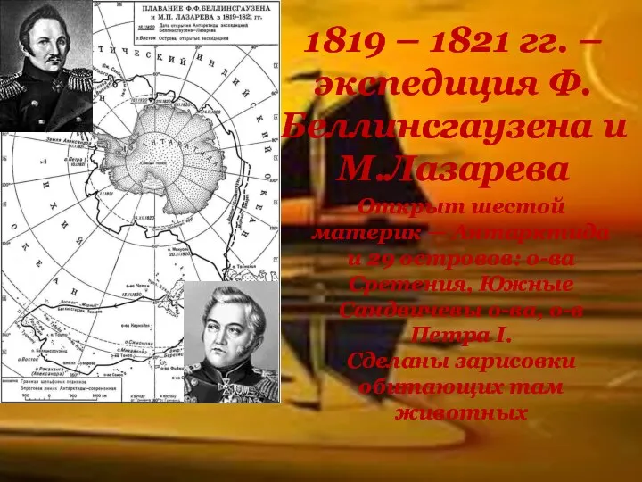 1819 – 1821 гг. – экспедиция Ф.Беллинсгаузена и М.Лазарева Открыт шестой материк