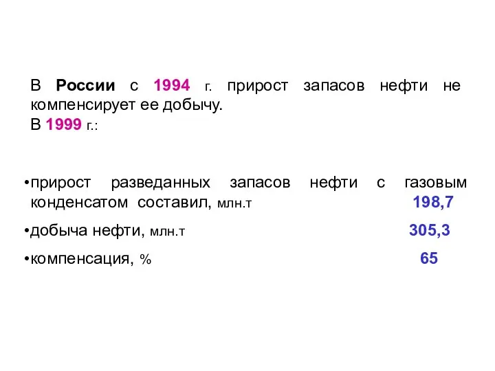 В России с 1994 г. прирост запасов нефти не компенсирует ее добычу.