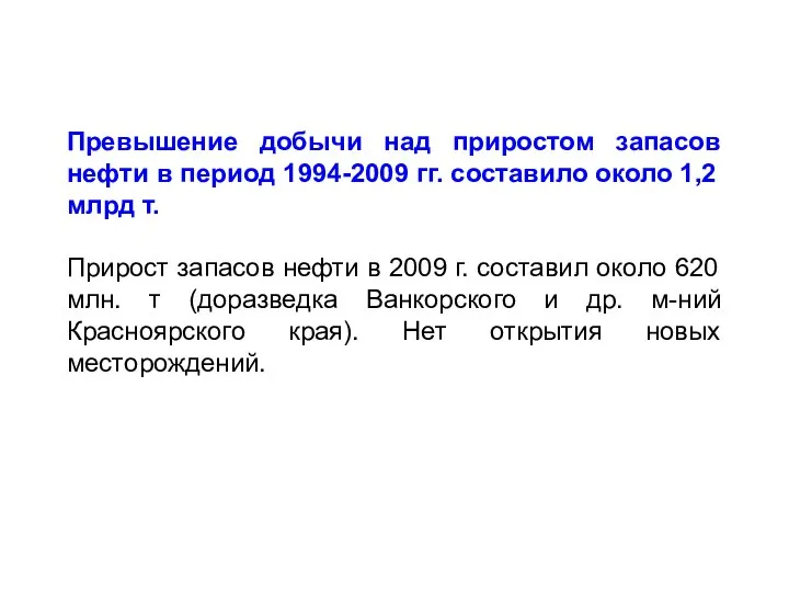 Превышение добычи над приростом запасов нефти в период 1994-2009 гг. составило около