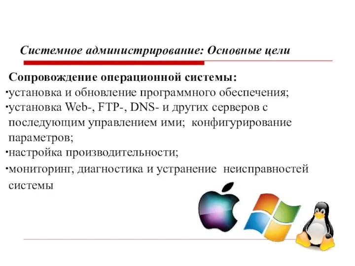 Сопровождение операционной системы: установка и обновление программного обеспечения; установка Web-, FTP-, DNS-