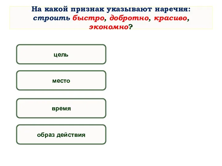 На какой признак указывают наречия: строить быстро, добротно, красиво, экономно? место образ действия время цель