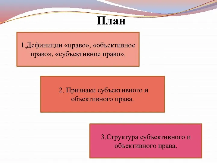 План 1.Дефиниции «право», «объективное право», «субъективное право». 2. Признаки субъективного и объективного