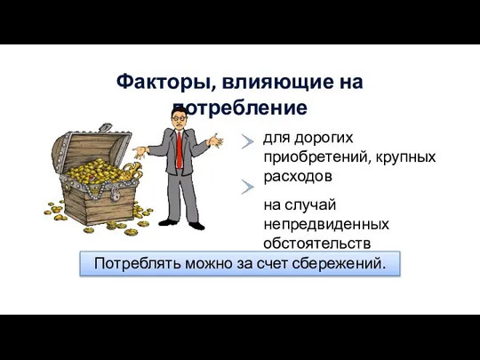 Факторы, влияющие на потребление Потреблять можно за счет сбережений. для дорогих приобретений,