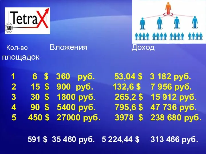 Кол-во Вложения Доход площадок 1 6 $ 360 руб. 53,04 $ 3