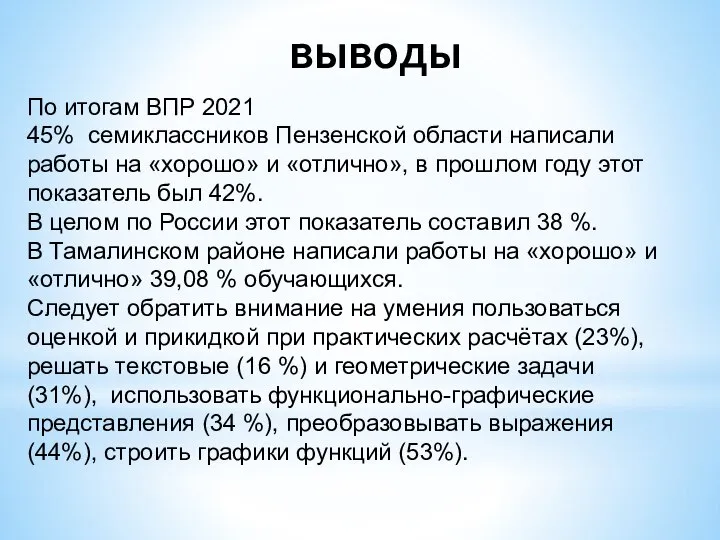 выводы По итогам ВПР 2021 45% семиклассников Пензенской области написали работы на