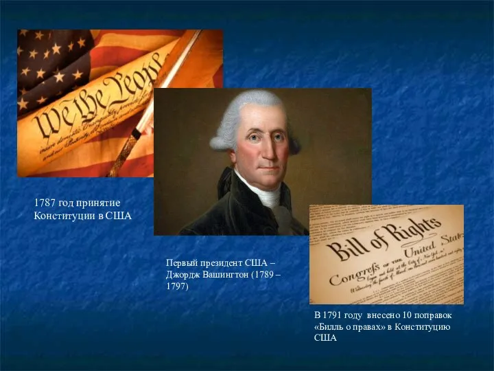 1787 год принятие Конституции в США Первый президент США – Джордж Вашингтон