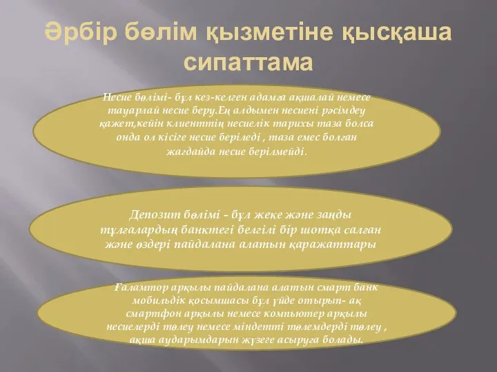 Әрбір бөлім қызметіне қысқаша сипаттама Несие бөлімі- бұл кез-келген адамға ақшалай немесе