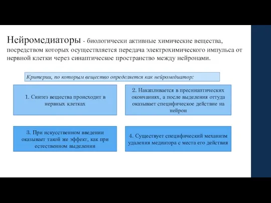 Нейромедиаторы - биологически активные химические вещества, посредством которых осуществляется передача электрохимического импульса