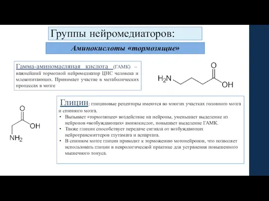 Группы нейромедиаторов: Аминокислоты «тормозящие» Гамма-аминомасляная кислота (ГАМК) – важнейший тормозной нейромедиатор ЦНС