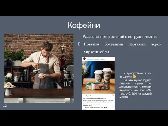 12 Кофейни Рассылка предложений о сотрудничестве. Покупка большими партиями через маркетплейсы. +