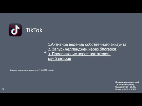 9 Процент пользователей TikTok по возрасту Возраст 20-29 - 29,5% Возраст 30-39