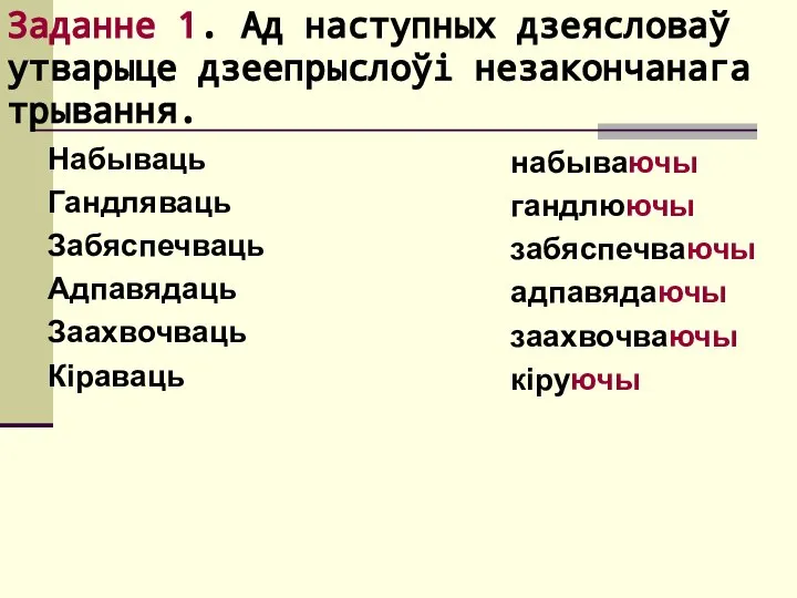 Заданне 1. Ад наступных дзеясловаў утварыце дзеепрыслоўі незакончанага трывання. Набываць Гандляваць Забяспечваць