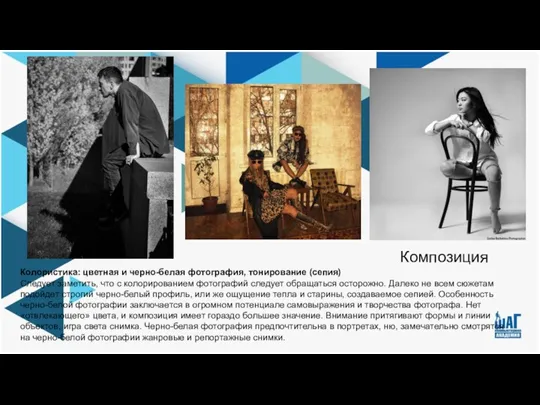 Колористика: цветная и черно-белая фотография, тонирование (сепия) Следует заметить, что с колорированием