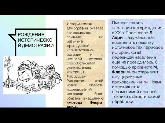 РОЖДЕНИЕ ИСТОРИЧЕСКОЙ ДЕМОГРАФИИ Историческая демография оказала колоссальное влияние на развитие французской квантитативной