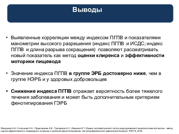 Выводы Выявленные корреляции между индексом ПГПВ и показателями манометрии высокого разрешения (индекс