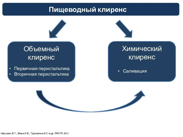 Объемный клиренс Химический клиренс Первичная перистальтика Вторичная перистальтика Саливация Ивашкин В.Т., Маев