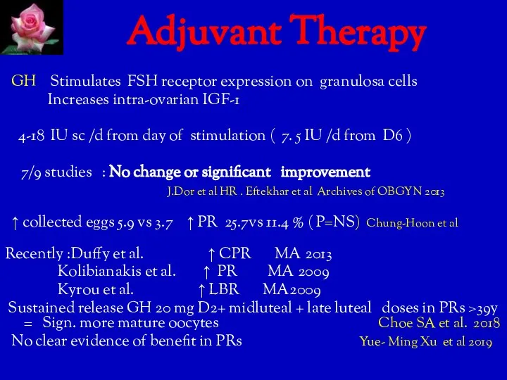 Adjuvant Therapy GH Stimulates FSH receptor expression on granulosa cells Increases intra-ovarian