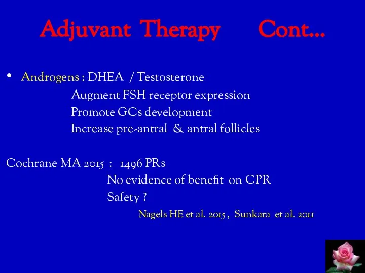 Adjuvant Therapy Cont... Androgens : DHEA / Testosterone Augment FSH receptor expression