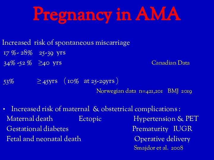 Pregnancy in AMA Increased risk of spontaneous miscarriage 17 %- 28% 25-39
