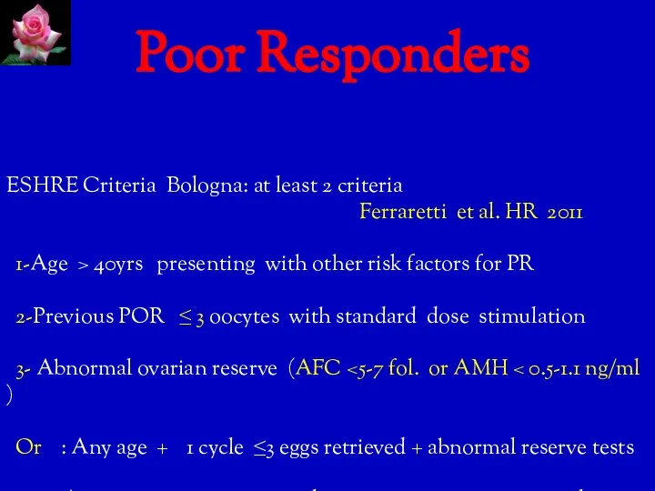 Poor Responders ESHRE Criteria Bologna: at least 2 criteria Ferraretti et al.
