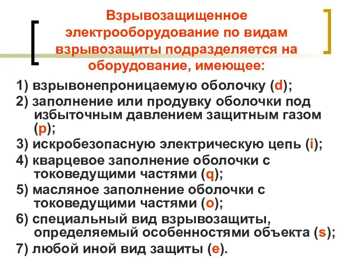 Взрывозащищенное электрооборудование по видам взрывозащиты подразделяется на оборудование, имеющее: 1) взрывонепроницаемую оболочку